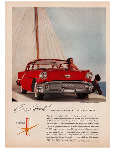 Oldsmobile Golden Rocket Convertible Sailboat Ad circa. 1957