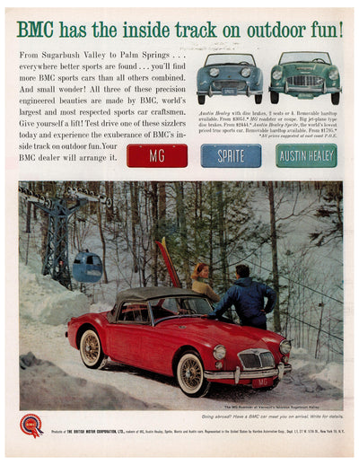 BMC MG Sprite Austin-Healey Winter Sports Car Ad circa. 1959