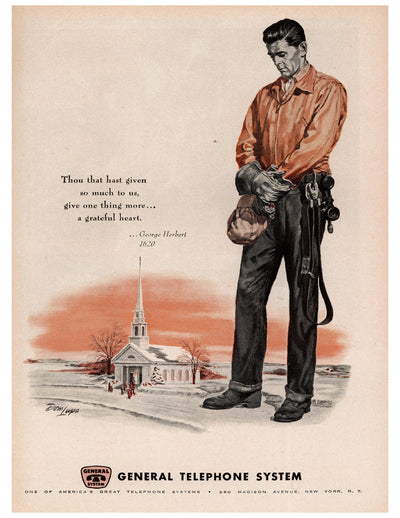 General Telephone Lineman and Church Ad circa. 1963