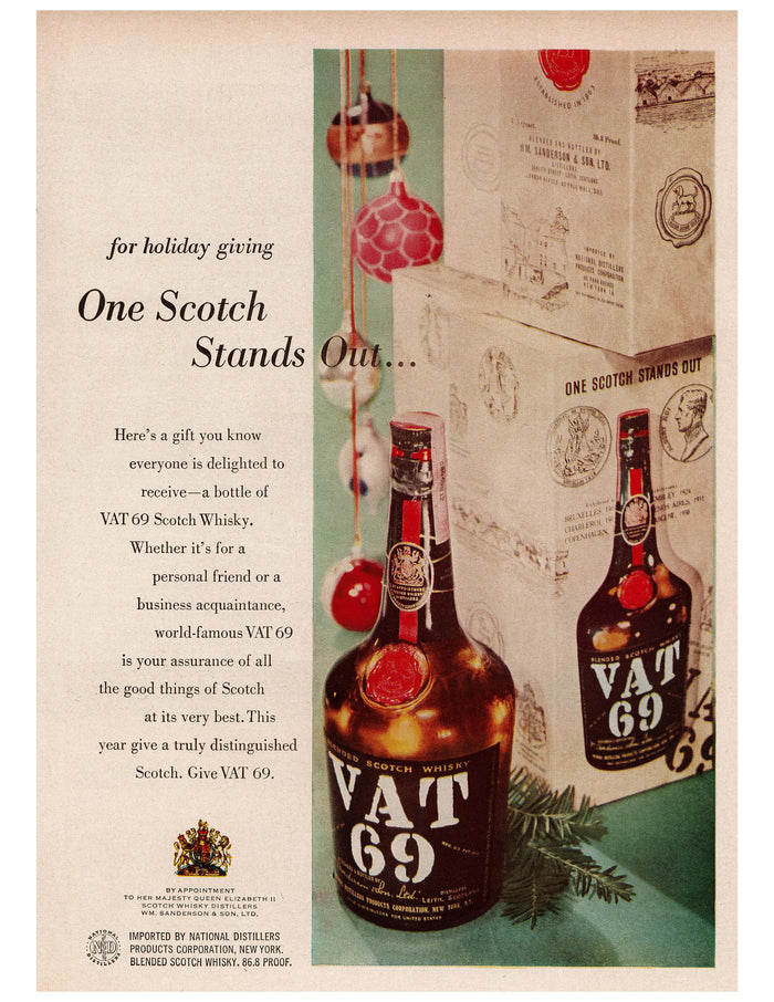 VAT 69 Holiday Scotch Gift Ad circa. 1956