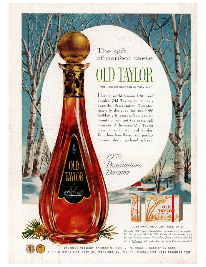 Old Taylor 1956 Presentation Decanter Bourbon Ad circa. 1957