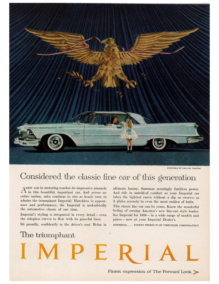 Imperial Triumphant Blue Stage Car and Eagle Ad circa. 1960