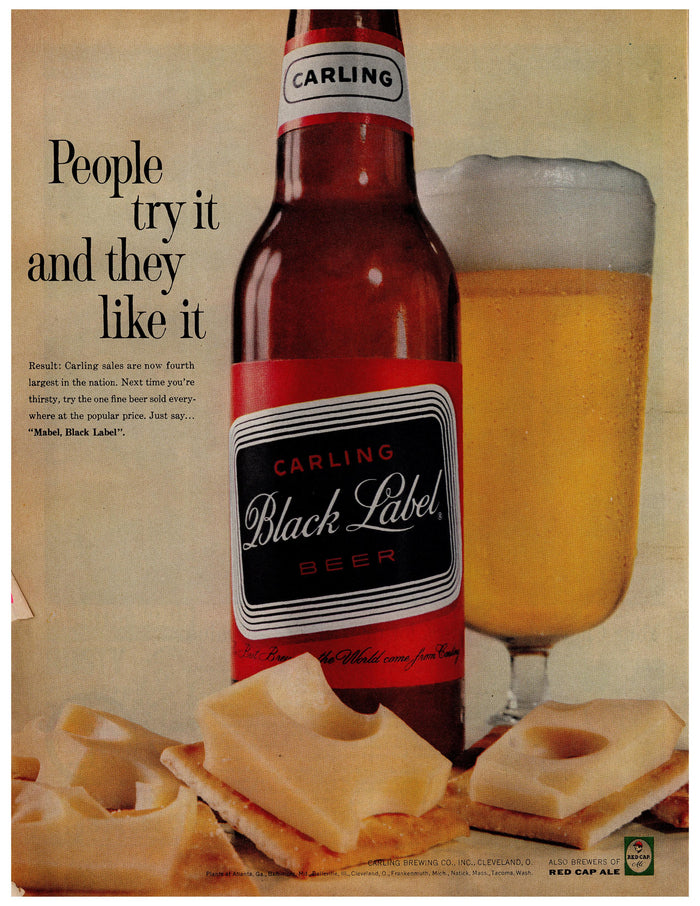 Carling Black Label Beer Bottle and Snack Ad circa. 1959