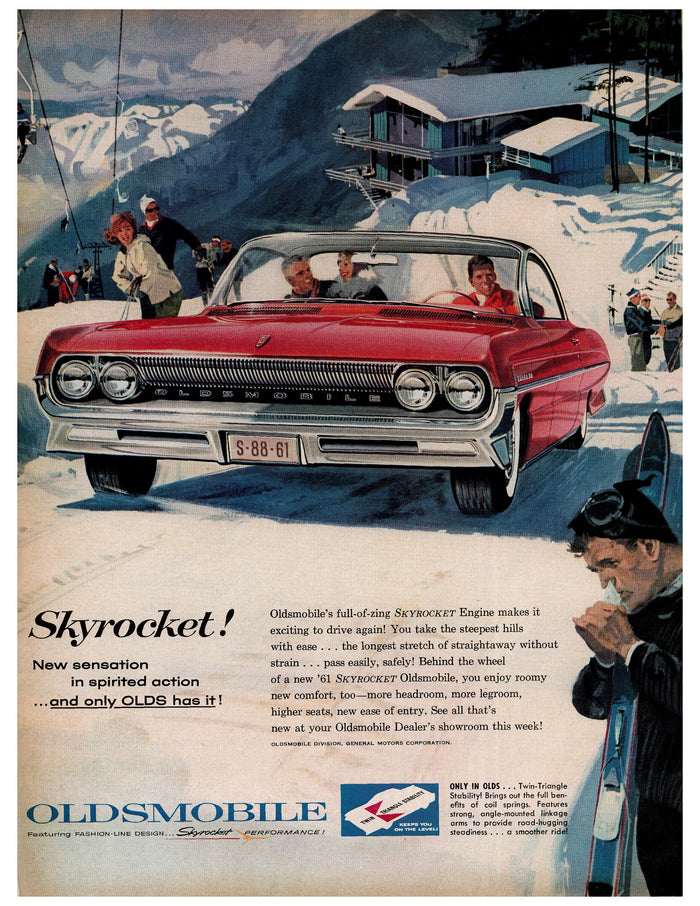 Oldsmobile Skyrocket S-88 Ski Resort Ad circa. 1955